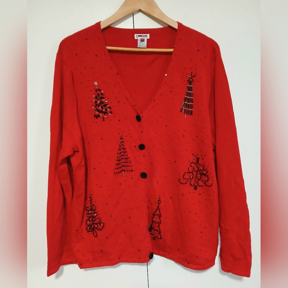 ​Vintage Christmas Cardigan Red Beaded Sequin Trees Sweater Button Up XL
